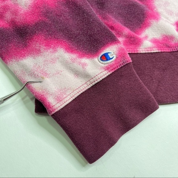 𝅺CHAMPION Pink & White Burgundy Tie Dye Trendy Cozy Pouch Hoodie Sweatshirt - Picture 6 of 7